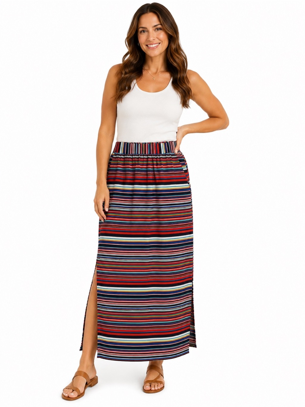 Multi-Color Striped Maxi Skirt - Pockets, side Zip